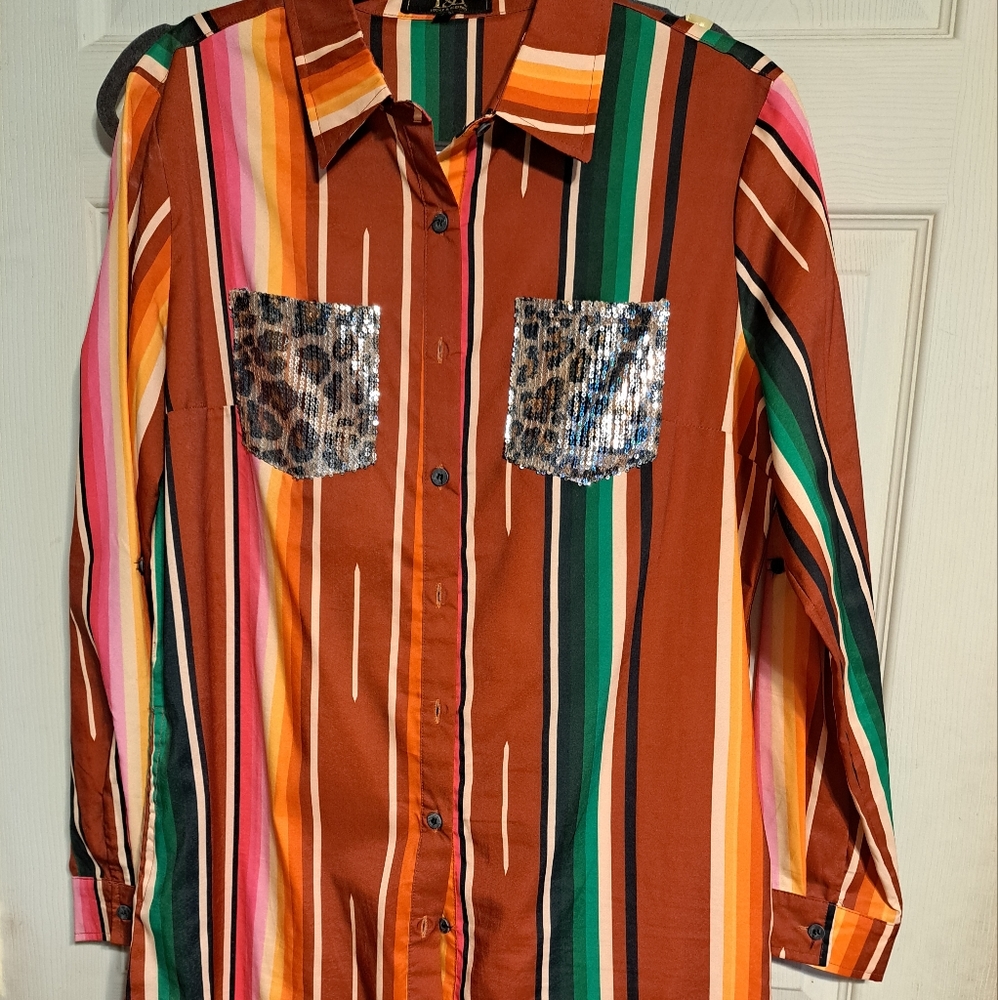 L & B Sarape print Dress with shiny leopard print pockets Size Med